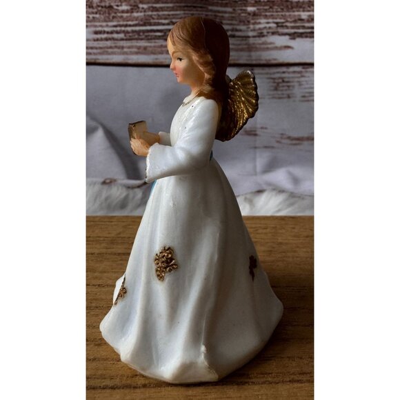 VTG Hong Kong Plastic Christmas Angel White and Gold Dress with Blue Ribbon - Picture 4 of 7